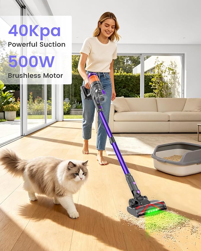 Cordless Vacuum Cleaner, 120Mins Runtime with 2 Batteries, 500W 40KPa Vacuum Cleaners for Home, Green Light Anti-Tangle Brush & Wall Mount Charging, Lightweight for Pet Hair Carpet Hard Floors