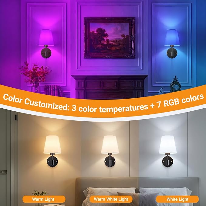 Battery Operated Wall Sconces Set Of Two, Wireless Battery Wall Light With 10000mAh RGB Rechargeable Magnetic Bulb, Rechargeable Wall Sconce With Remote Control For Bedroom, No Electrician Required