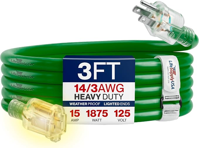 3ft Outdoor/Indoor Extension Cord 14/3 Gauge Heavy Duty 3 Prong SJTW, Waterproof, Flexible Cold-Resistant Long Power Cord,15A 125V 1875W, Green by LifeSupplyUSA