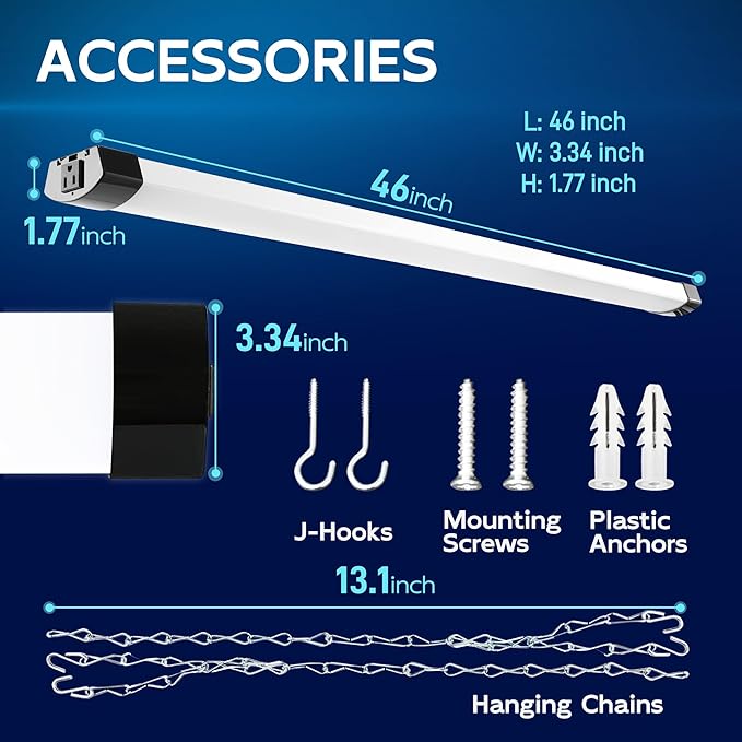 hykolity 4FT 70W LED Shop Light Linkable, 8000lm(300w Equivalent), 5000K Utility Shop Lights for Garages, Workshops, Basements, Hanging or FlushMount, with Power Cord and Pull Chain, ETL, Black,1 Pack