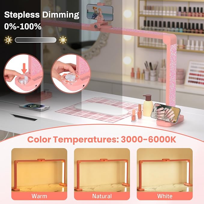 Half Moon Light for Nail Desk with Phone Holder, Large Square Nail Lamp for Desk, Professional Manicurist Desktop Lamp, LED Light Suitable for Manicures, Tattoos, and Sewing, Rhinestone Pink