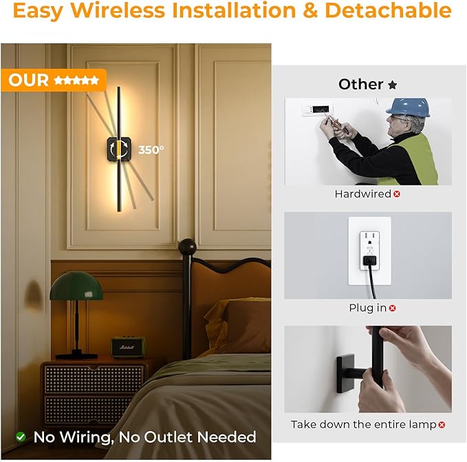 GvvooHome Battery Operated Wall Sconces Set of 2, Detachable 360°Rotate Wall Lamps, 3000-6500K Dimmable with Remote Control, 10000mAh Rechargeable Wall Light for Bedroom, Living Room, 28.3" Black Gold