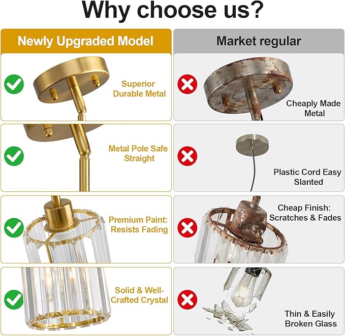 1 Pack Brushed Gold Pendant Lights Kitchen Island, Modern Crystal Chandelier Kitchen Pendant Lighting Over Island, Adjustable Hanging Mini Light Fixtures for Dining Room Hallway Corridor Bedroom