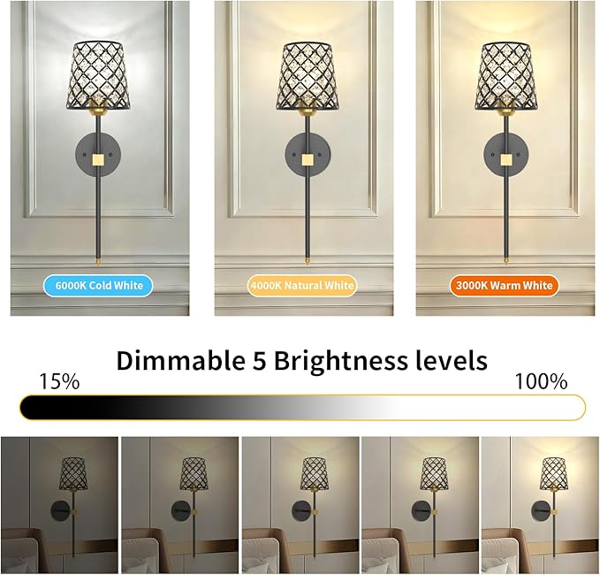 Crystal Battery Operated Wall Sconces Set of 2, Black and Gold Rechargeable Wireless Wall Sconce Lights for Home Decor, Dimmable 12 RGB and 3CCT Wall Lamps with Remote for Living Room Bedroom Hallway