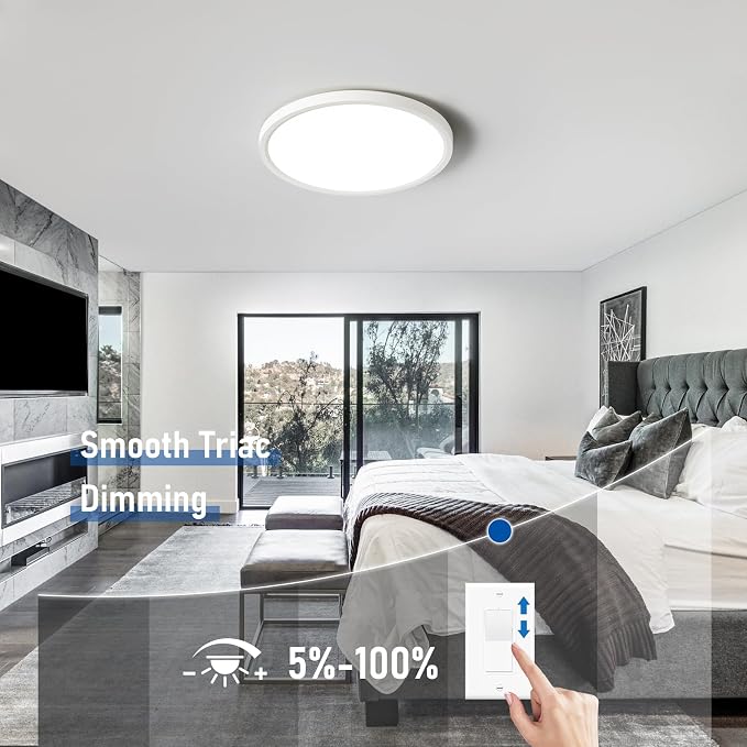 12 Inch Slim Dimmable LED Flush Mount Ceiling Light Fixtures, 24W 2640LM 3000K/4000K/5000K, Hardwired Led Lights for Bedroom Hallway Laundry Room Rental Units, 240W Equiv., White