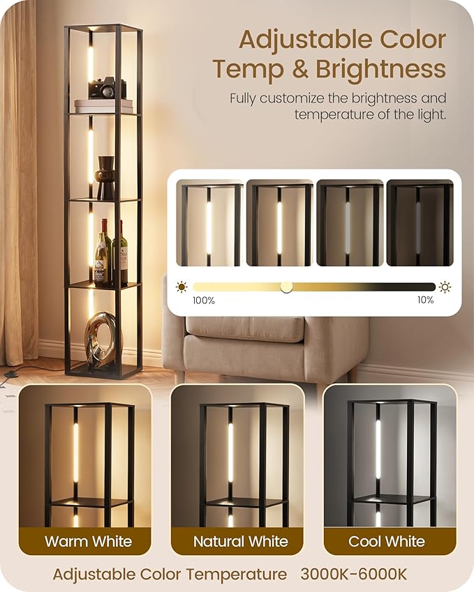 64.2" Display Shelf with Light, Modern Corner Floor Lamp with Shelves, 3000K-6000K LED Dimmable Standing Lamp with Remote for Living Room, Bedroom, Office, Adjustable CCT, Black Square B51LD05