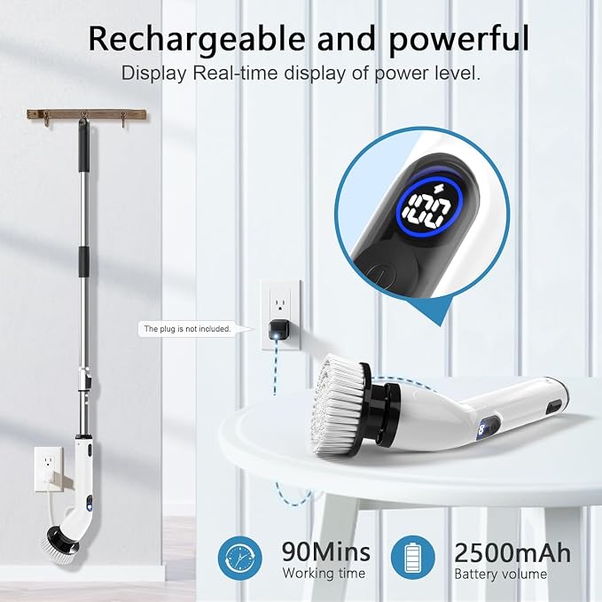 TUYU Electric Spin Scrubber,IPX7 Full-Body Waterproof Cordless Cleaning Tool, LCD Battery Indicator, Adjustable Extension Handle, 90-Minute Runtime for Bathroom, Kitchen, Glass, Car