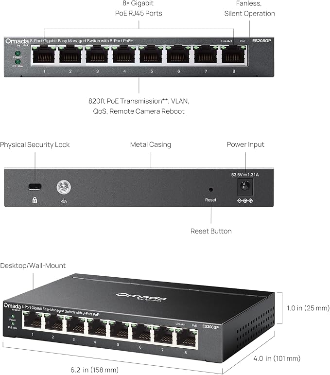TP-Link Omada 8 Port Gigabit Easy Managed, PoE Switch, 65W Budget, PoE+ Compliant, Up to 250m PoE Distance, Auto Recovery, VLAN, Auto Loop Prevention, Fanless, Managed by Omada(ES208GP)