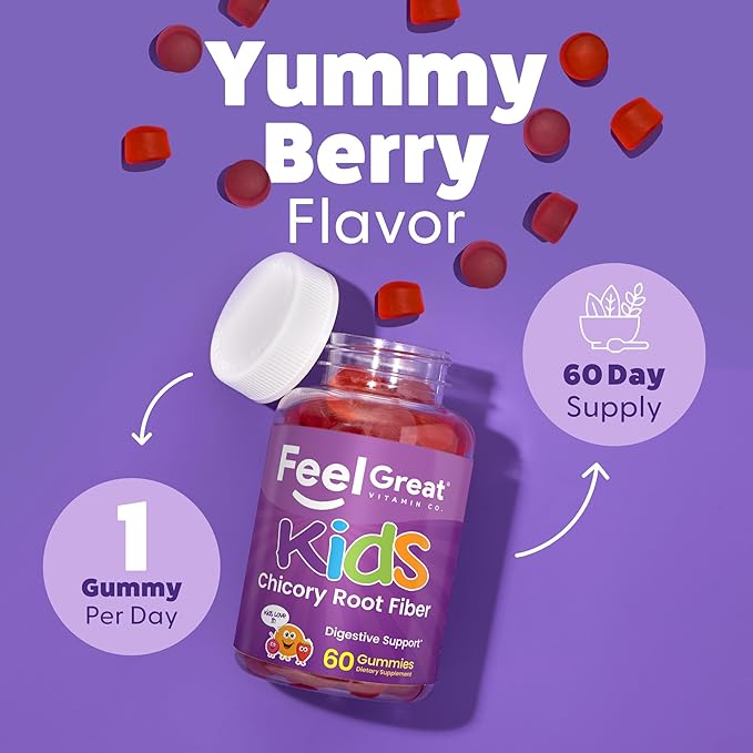 Gummies de fibres Feel Great Vitamin Company pour enfants pour le soutien digestif | Soulagement de la constipation chez les enfants | Gummies de fibres à mâcher au goût fruité | Compléments végétariens | Pour 60 jours