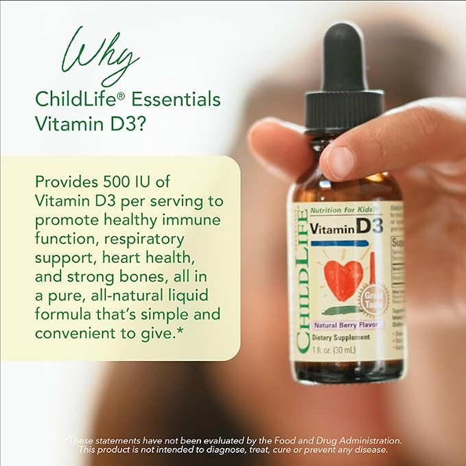 CHILDLIFE ESSENTIALS ビタミンD3 ドロップ キッズ・子供・幼児向け - 液体ビタミンDドロップ、1滴あたり500 IU、免疫と骨の健康をサポート、天然ベリー味 - 29.5ml (3個パック)
