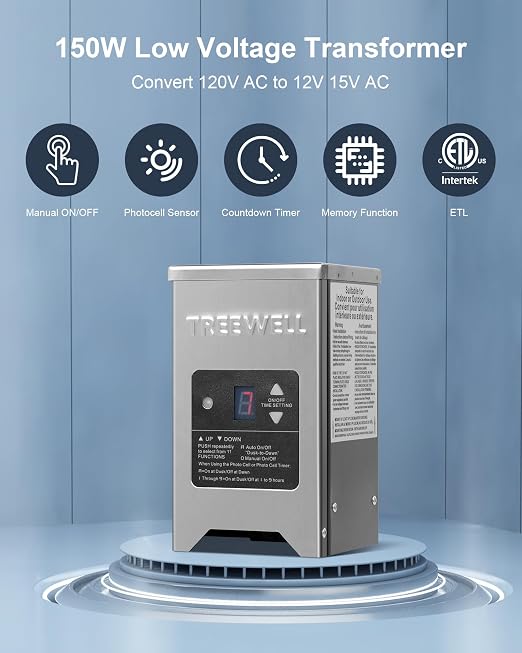 150W Low Voltage Landscape Transformer, Outdoor Landscape Lighting Transformer with Photocell Sensor & Timer, 120V AC to 12V/15V AC, Stainless Steel Weatherproof Transformer, ETL Listed
