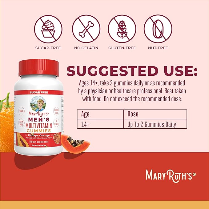 Gummies Multivitaminées MaryRuth's pour Hommes | Vitamines A, C, D, E, B6, B12, Biotine, Zinc | Métabolisme Énergétique | Immunité | Santé des Os | Santé Cellulaire | Végan | Sans OGM | Sans Gluten et sans Sucre | 60 Unités