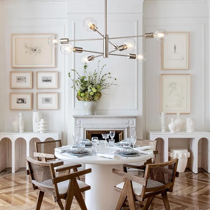 KAISITE Modern Chandelier Ceiling Light Fixture Brushed Nickel Sputnik Chandeliers for Bedroom Living Room 8-Light Height Adjustable Dining Room Farmhouse Chandelier Over Table Hanging Kitchen Light