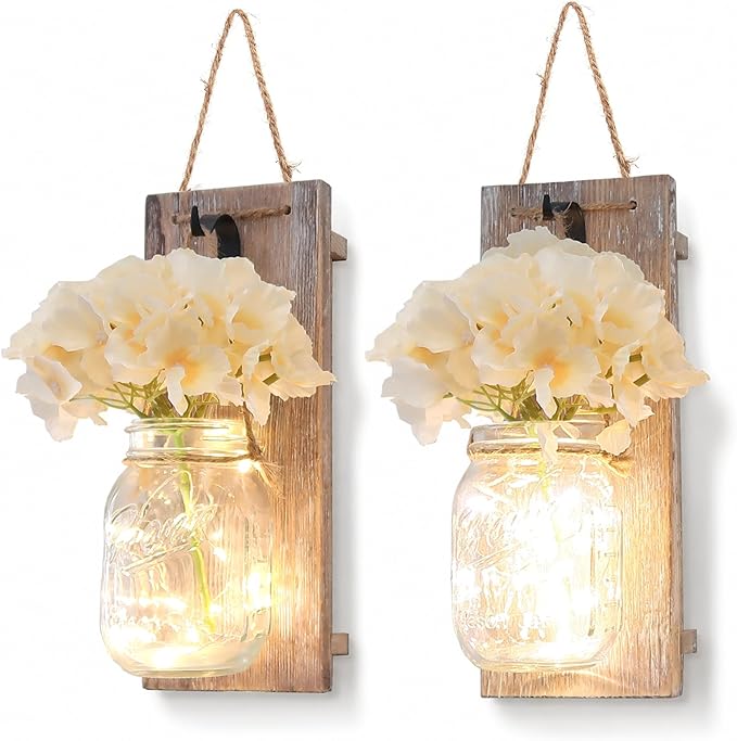 Rustic Mason Jar Sconces Wall Decor - Set of 2 Hanging Wooden Wall Art with LED String Lights & Remote Timer - Vintage Farmhouse Decoration for Living Room or Bedroom, Rustic Brown