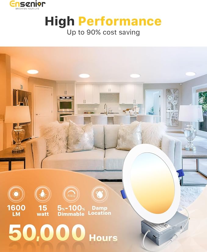 Ensenior 4 Pack 7 Inch LED Recessed Light, Dimmable, 2700K-5000K 5CCT, 1300LM High Brightness, 15W 120V, Damp Rated, Ultra-Thin Canless Wafer Light - ETL & FCC & IC