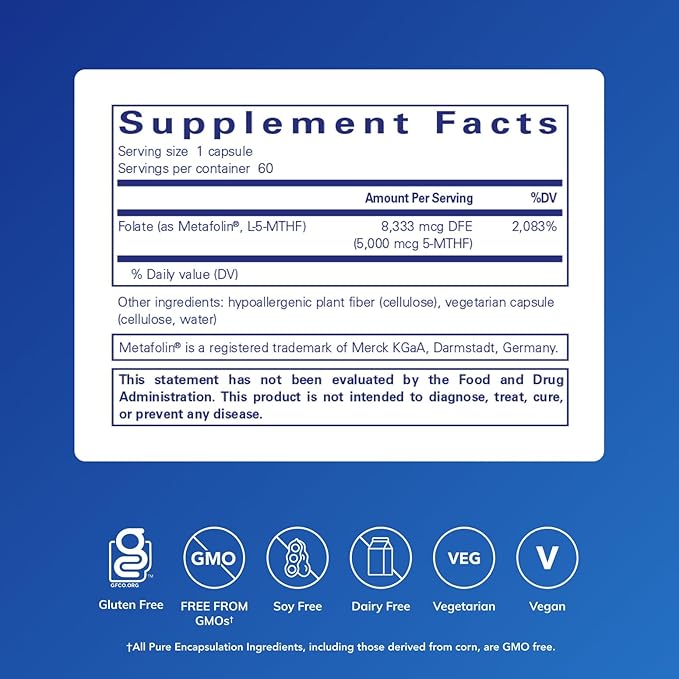 Pure Encapsulations - Folate 5,000 - Activated Vitamin B9 as 5-Methyltetrahydrofolate (5-MTHF) - 60 Capsules