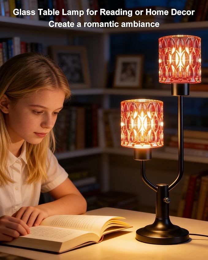 Lightdot Mid Century Modern Table Lamp Dimmable Nightstand Lamp Red Glass Vintage Black Desk Lamp 2 Bulbs Included Warmwhite Ambient Bedside Lamps for Living Room Bedroom Girls Room Home Office Decor
