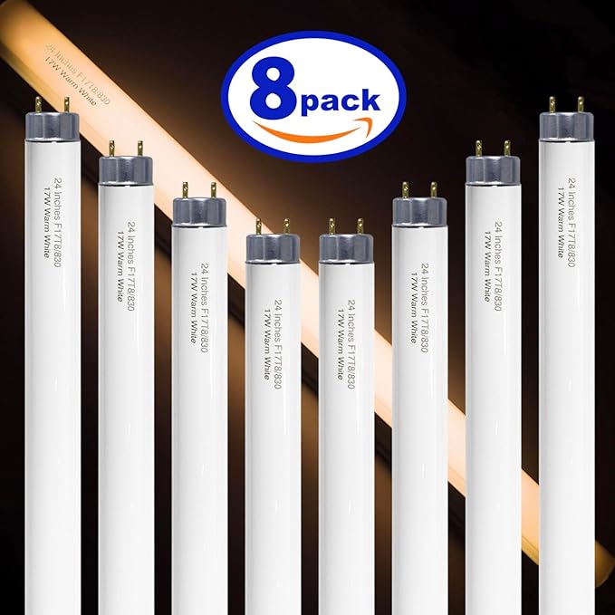 Konideke 24 inch F17T8/830 17 Watts Light Bulb Warm White, 2 Foot Straight Fluorescent Tube T8 Tube Light F17T8/WW, 1500 Lumen G13 Medium Bi-Pin Cap 8 Pack