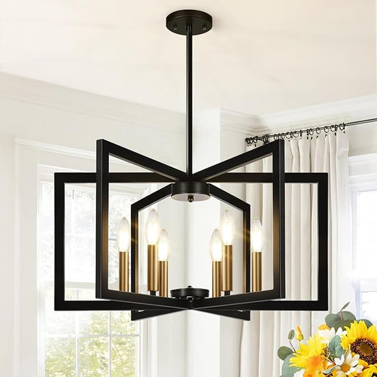 25"-61" Height Adjustable Modern Black and Gold Chandelier for Dining Room, No Assembly Required Dining Room Light Fixture Over Table, Industrial Metal Pendant Lights Fixture for Kitchen Island