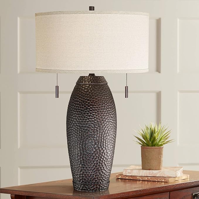 Franklin Iron Works Noah Rustic Farmhouse Industrial Vintage Table Lamp with Dimmer and USB Charging Port 31" Tall Bronze Oatmeal Drum Shade for Living Room Bedroom House Bedside Nightstand Home