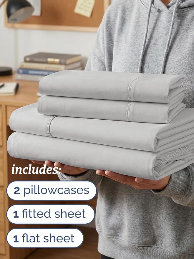 Twin XL 4 Piece Sheet Set - Comfy Breathable & Cooling - Soft Hotel Luxury Bedding Set with 8-16 Inch Deep Pockets - 1 Flat & 1 Fitted Sheet & 2 Pillowcases - Wrinkle Free & Easy Care - French Grey
