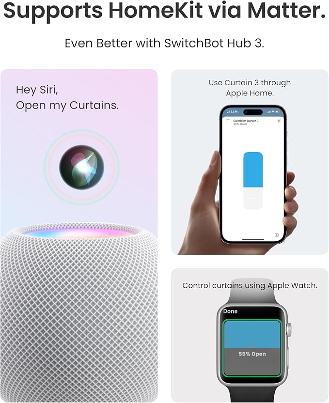 SwitchBot 2025 Automatic Curtain Opener 3 Rod-Bluetooth Remote Control, WiFi&APP Control, Upgraded High-Performance, Add Hub to Work with Alexa, Google Home, HomeKit via Matter(2025 Curtain Opener*2)
