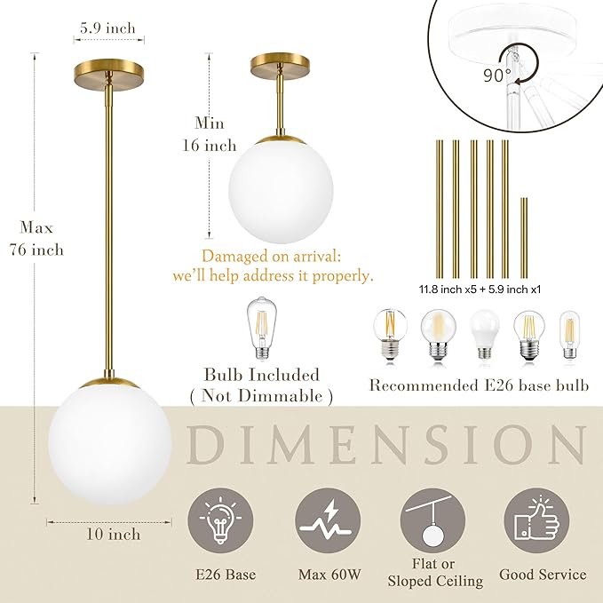 Bagood 10" Globe Pendant Light Gold 2 Pack Mid Century Pendant Light Globe Pendant Lights Kitchen Island Brushed Brass Finished with Milk Glass Adjustable Ceiling Light Fixtures for Dining Room Bar