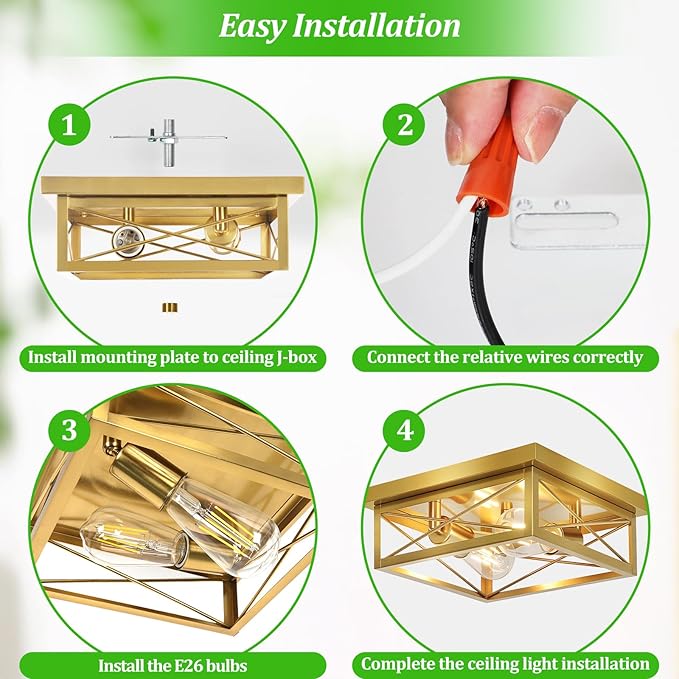 Kondras Gold Hallway Light Fixtures Ceiling, 2-Light Farmhouse Vintage Flush Mount Ceiling Lights, 2-Pack Brass Metal Kitchen Light Fixtures, Close to Ceiling Lights for Bedroom Living Room Entryway
