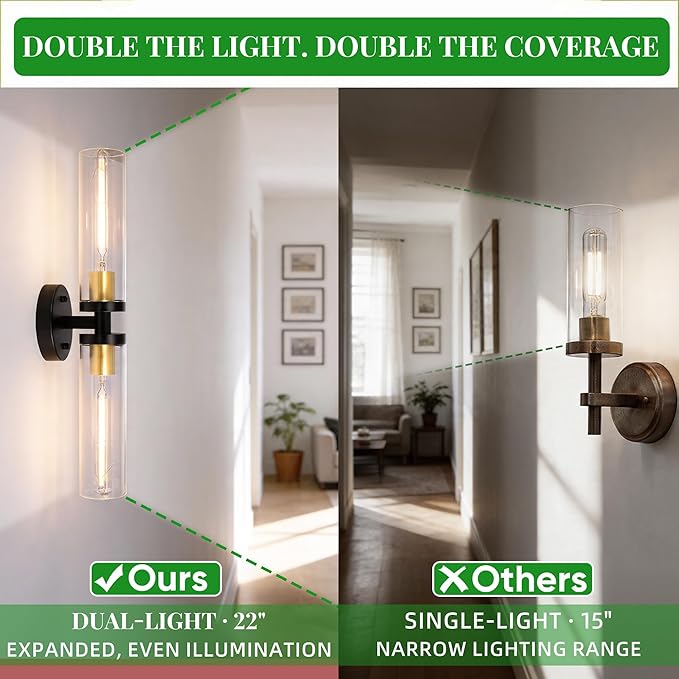 Black and Gold Wall Sconces Set of 2, Hardwired Bathroom Light Fixtures, Modern Bathroom Vanity Wall Lighting with Clear Glass Shade, Farmhouse Wall Sconce for Mirror Bedroom Hallway, E26 Base