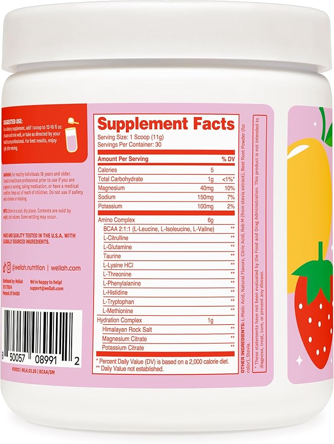 Wellah BCAAs (Strawberry Mango Flavored) 30 Servings - BCAA Powder with Hydration Complex