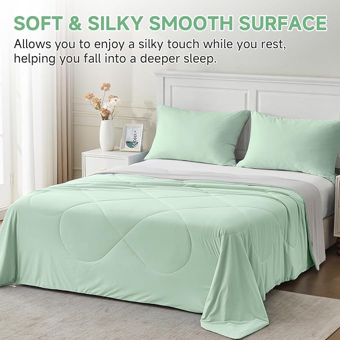 HOMFINE Cooling Comforter Japanese Double-Sided Cold Tech Fabric Cooling Blanket for Night Sweats Hot Sleepers, Q-Max 0.45 Soft Breathable Silky Smooth Lightweight, Green Summer Comforter Twin