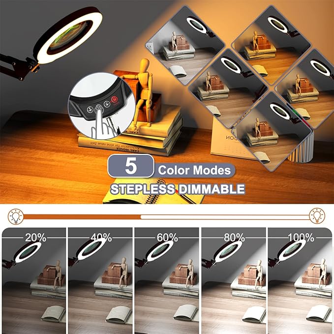 12X Magnifying Glass with Light and Stand, Upgrade Button 5 Color Modes Stepless Dimmable, 2-in-1 LED Lighted Magnifier Light, Hands Free Desk Lamp with Clamp for Craft Hobby Close Work - Blue
