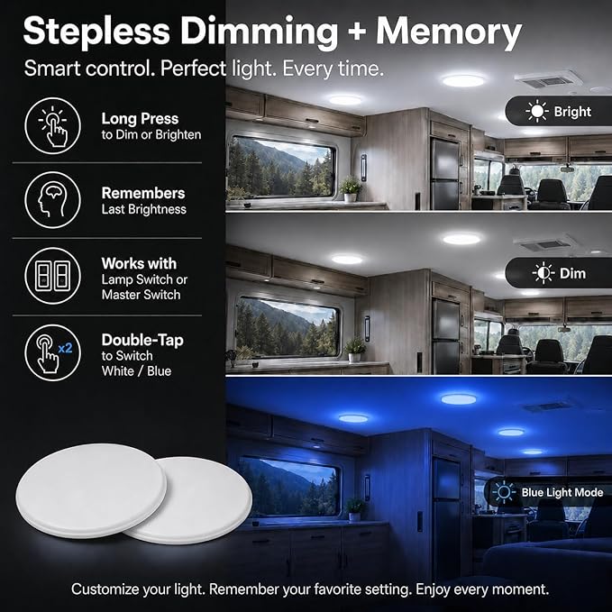 RV Puck Light 5Inch, Dimmable RV Light Fixture 12V, Camper Interior Light with Inbuilt Dimmer Switch, RV Ceiling Light for Boat Camper Trailer Car (Dimmable Cool White& Blue Nightlight, 2PCS)