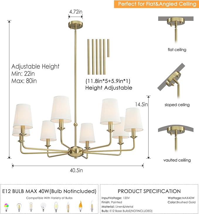 40.5'' 8-Light Brushed Gold Chandelier, E12 Base, White Fabric Shade - Farmhouse & Industrial Style Pendant Light for Dining Room Living Room Bedroom Kitchen