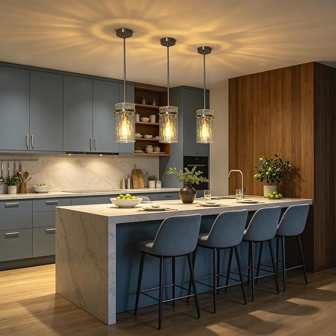 5.5" Brush Nickel Hammered Glass Pendant Light Fixtures, Brushed Nickel Kitchen Pendant Lights, Modern Kitchen Island Light Dining Room Light Farmhouse Island Lights Sink 2 Pack