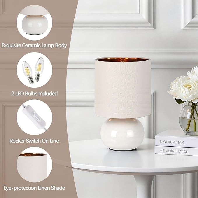 Hamucd Ceramic Table Lamps Set of 2, Modern Classic Bedside Lamps for Nightstand, Small Table Lamp for Bedroom Living Room Desk End Table (White)