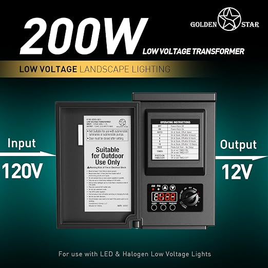 GOLDEN STAR 200W Low Voltage Transformer Outdoor Landscape Power Pack 120V AC to 12V AC with Sensor and Weather Shield for LED Lighting, Spotlight, Pathway Light, ETL Listed