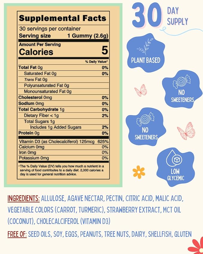 Vitamin D3 Gummies for Adults 5000 IU - Clean Ingredient Plant-Based Formula, Strawberry Flavor, Parent Formulated, Vegan, Dye-Free, Made in USA, 30 Count