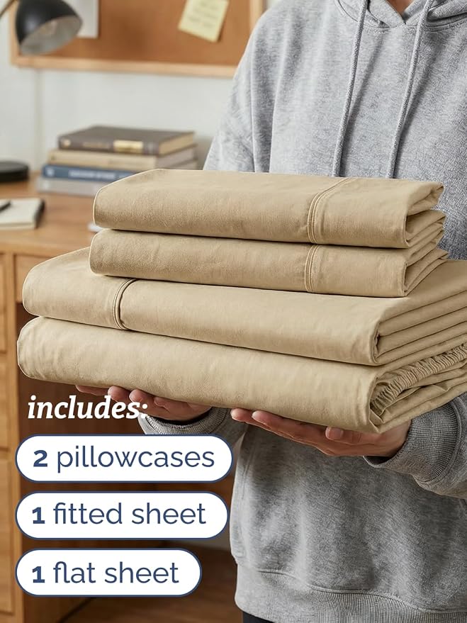 Twin XL 4 Piece Sheet Set - Comfy Breathable & Cooling - Soft Hotel Luxury Bedding Set with 8-16 Inch Deep Pockets - 1 Flat & 1 Fitted Sheet & 2 Pillowcases - Wrinkle Free & Easy Care - Heathered Tan