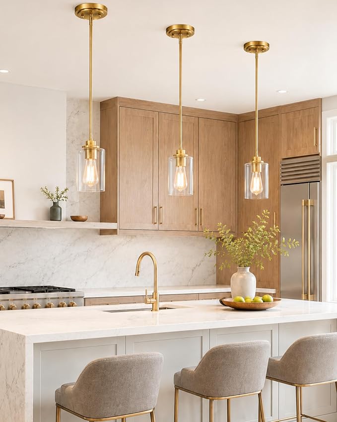 Pendant Lights Kitchen Island, Farmhouse Gold Pendant Lighting with Clear Glass Shade, Kitchen Pendant Lighting Over Island for Dining Room Entryway, AD-22281-1P-GD-C