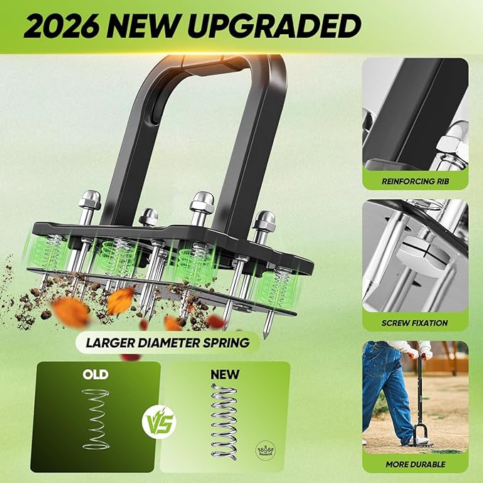Saker Lawn Aerator Tool, 2026 Upgraded Manual Lawn Aerator with 15-Spike Heavy-Duty Yard Aeration Tool with Spring-Loaded Design, for Loosening Soil Aerating Patio, Yard, Garden Dark Black