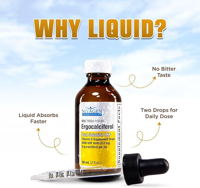 Nivagen Vitamin D2 Liquid Drops 8,000 USP (Ergocalciferol) | 400 IU per Serving | 2 Drops Once Daily | 1,200 Servings, 60ml (2 fl. oz) | Faster Absorption | Bone, Muscle & Immune Support | Made in USA