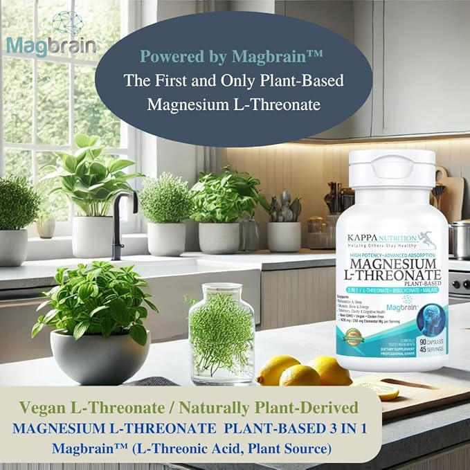 Kappa Nutrition alimenté par Magbrain™ Magnésium L-Thréonate végétal, 90 capsules véganes, 420mg de magnésium élémentaire (3 capsules) à partir de 2 253mg, soutien du cerveau, du sommeil et des muscles.