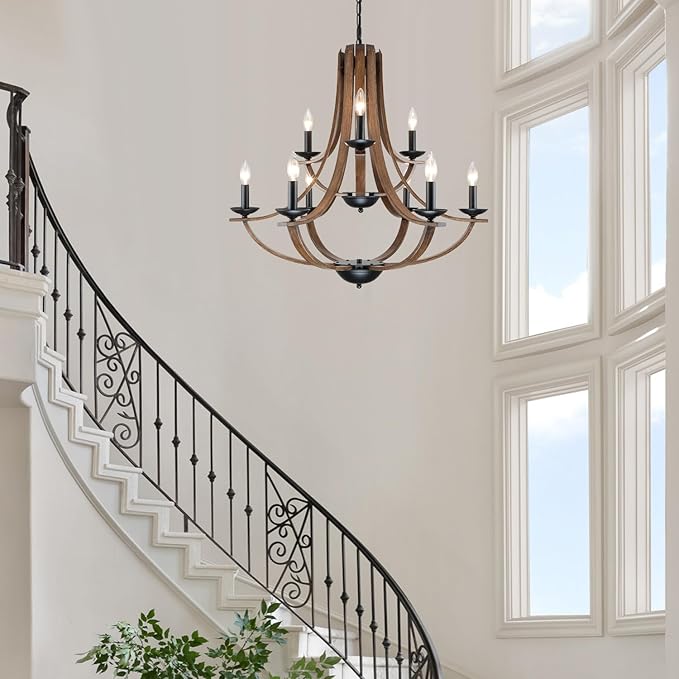 LAMPKEDUO Farmhouse Chandeliers for Dining Room Light Fixture, 2 Tier 9-Light 31" Black with Faux Wood Texture Rustic Adjustable Height Chandelier for Living Room Bedroom Foyer Entryway