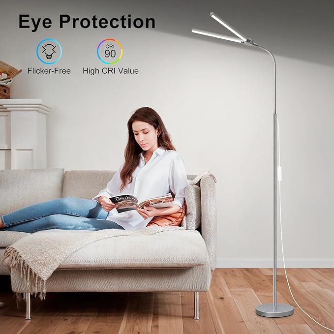 Bright Floor Lamp, 18W/2000LM Silver LED Floor Lamp with Double Head, Adjustable Gooseneck Dimmable Craft Light for Sewing Tatoo Puzzle，Eye Caring Reading Lamps for Living Room Bedroom Office