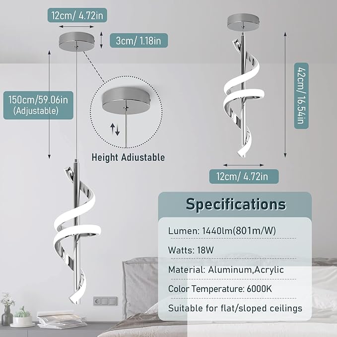 Spiral Led Pendant Light Fixtures, 5500K Cold White Modern Led Pendant Light Kitchen Island, Adjustable Height Kitchen Island Lights Fixtures for Dining Room Kitchen Bedroom Sink