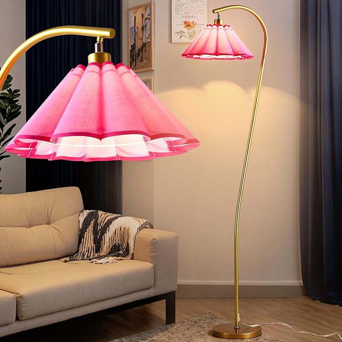 Floor Lamp with Pleated Linen Lampshade, Modern Flower Floor Lamp for Living Room Arc Standing Lamp, Gold Tall Lamp for Bedroom Office Dining Room, Bulb Included (Gold + Pink Color, 66.1IN)