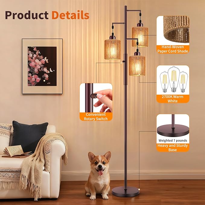 Hotsonic 72" Tall Boho Rattan Style Floor Lamp with Hand-Woven Paper Cord Shade, Dimmable Industrial Tree Standing Lamp for Living Room, Bedroom, Study Room, Office (3 x 800LM Bulbs Included) - Brown
