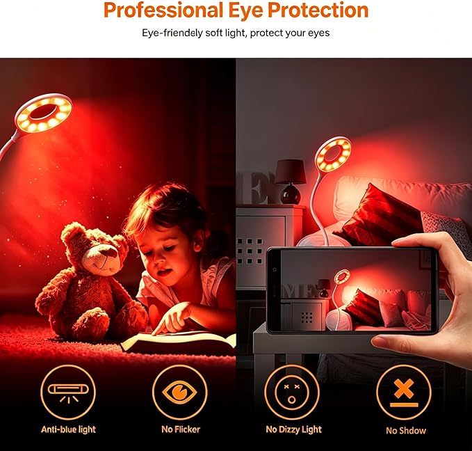 Rechargeable Desk Lamp, 3 Color Modes with Red Light Therapy & Eye Protection Orange Light, Stepless Dimming Touch Control, No Blue Light, Portable Cordless Reading Lamp for Bedroom Office Students
