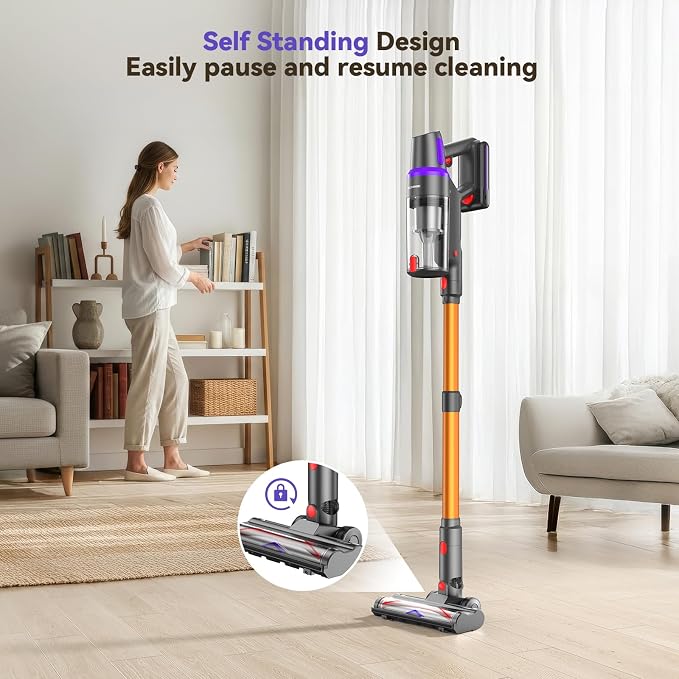 TechRise Cordless Vacuum Cleaner for Home, 550W 45KPa Powerful Suction with HEPA Filter, 60 Min Runtime,Self-Standing, Anti-Tangle Brush, LED Light for Pet Hair, Carpets, Hard Floor
